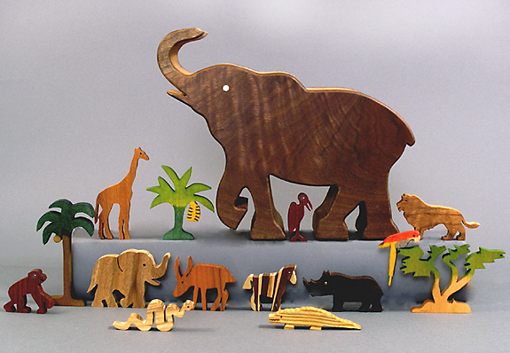 wooden African figures in elephant box